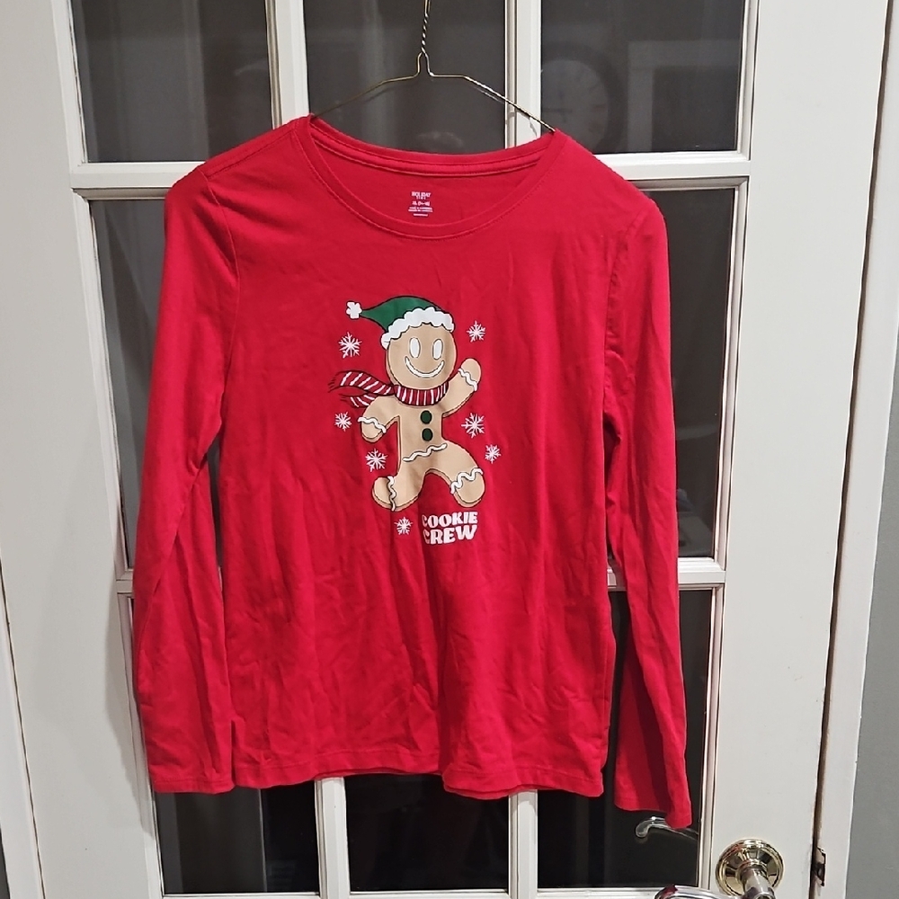 Red Kids Long Sleeve Tee with Gingerbread Print Cookie crew XL (14-16)